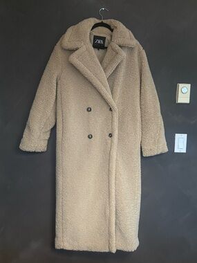 Zara Tan Teddy Double-Breasted Long Coat